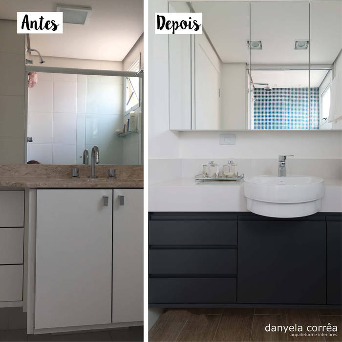 Antes e Depois, Danyela Corrêa Arquitetura Danyela Corrêa Arquitetura Banheiros modernos banheiro casal,piso do banheiro,imitando madeira,gabinete preto,mármore,armário suspenso,revestimento,pastilhas,Antes e Depois,decor banheiro,banheiro moderno,cuba semi encaixe