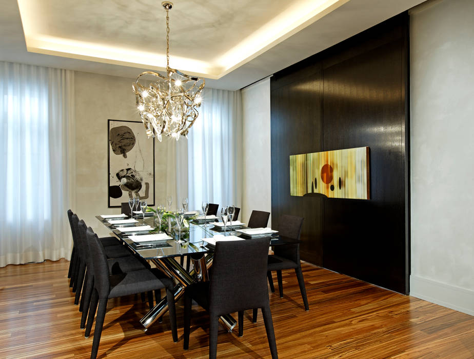 Dining Room with Doors Closed Douglas Design Studio Modern dining room dining,dining room,chandelier,sliding door,hidden,door,artwork,ceiling,feature