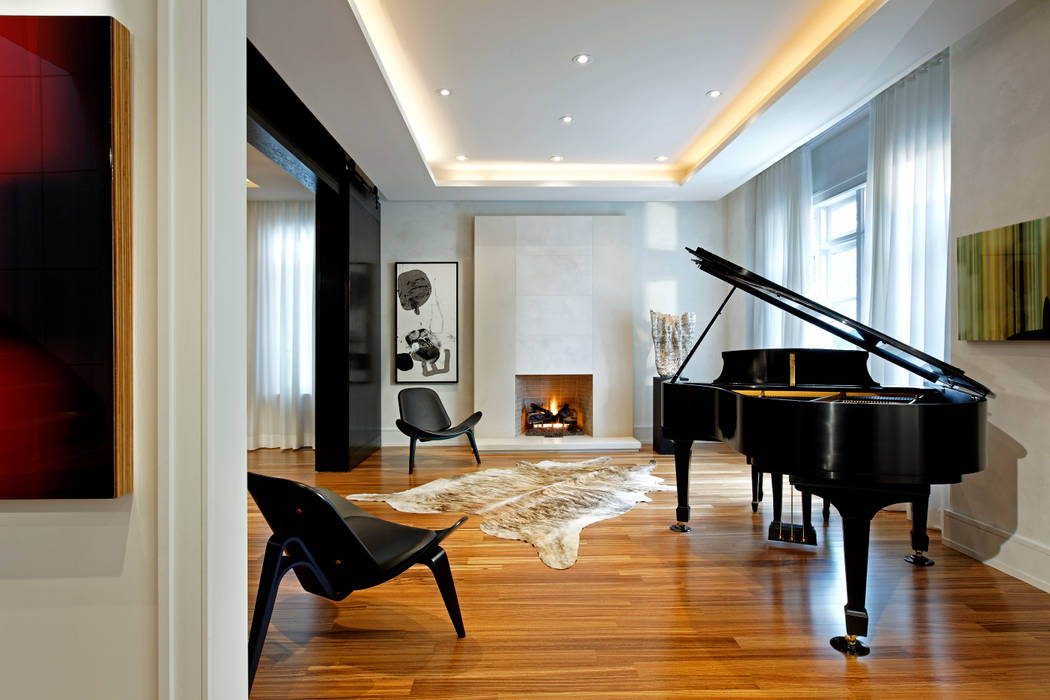 Living Room Douglas Design Studio Modern living room formal,living,room,piano,fireplace,ceiling,feature,rug,fur,drapery,custom