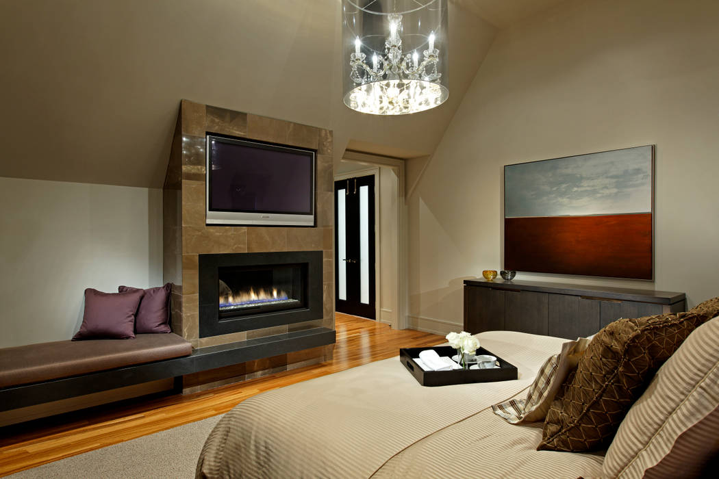 Master Bedroom Douglas Design Studio Modern style bedroom chandelier,master,bedroom,fireplace,television,custom,calm,neutral