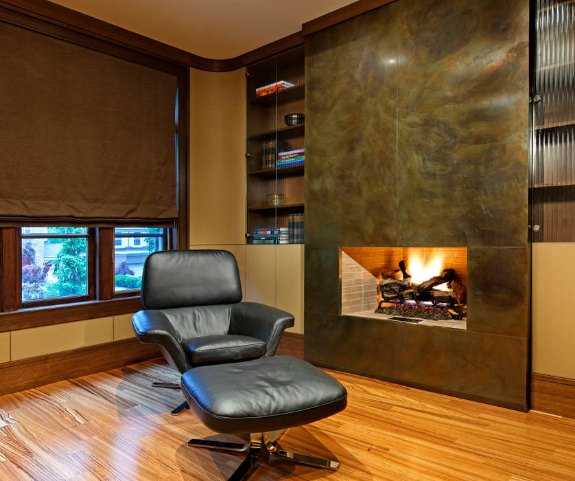 Office Fireplace Douglas Design Studio Study/office fireplace,office,study,den,leather,chair,millwork,mantel