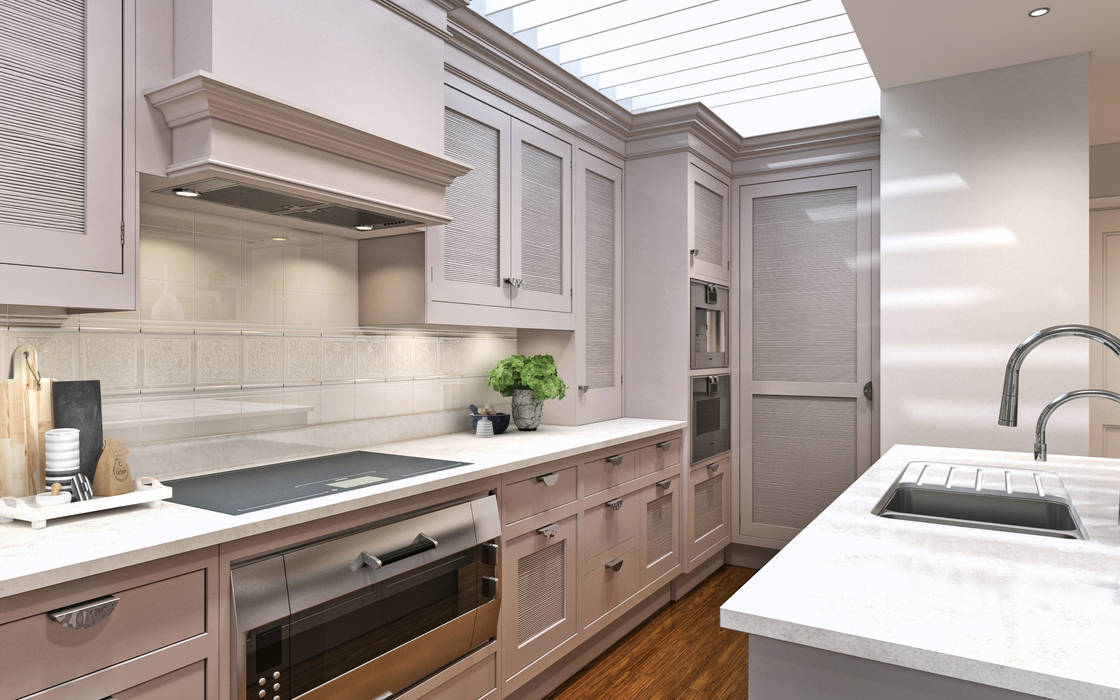 Kitchen Hampstead Design Hub Modern kitchen traditional kitchen,extractor hood,painted furniture,kitchen cabinet,kitchen appliances,cooking island,kitchen island,tile pattern,warm colours,Cabinets & shelves