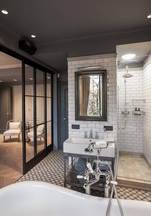 Bathroom Hampstead Design Hub Industrial style bathroom tile pattern,walk-in shower,basin,bathroom mirror,sliding door