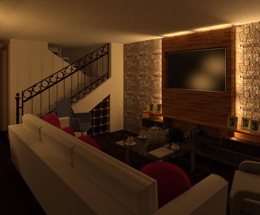 Sala familiar – vista frontal noche de perfil arquitectónico moderno