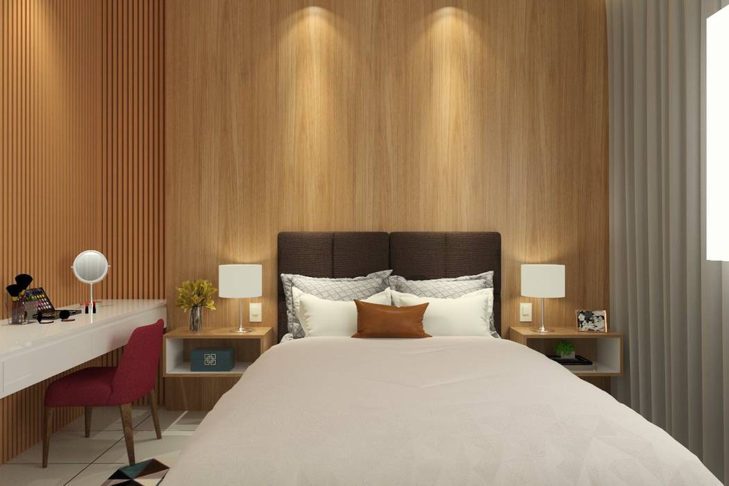 Quarto de uma empreendedora , Bruna Rodrigues Designer de Interiores Bruna Rodrigues Designer de Interiores Modern style bedroom Wood Wood effect