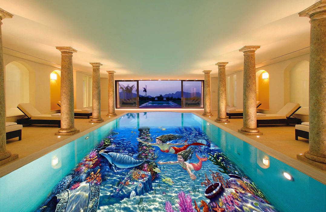 fondo piscina de interior con sirenas Fotoceramic Piscinas