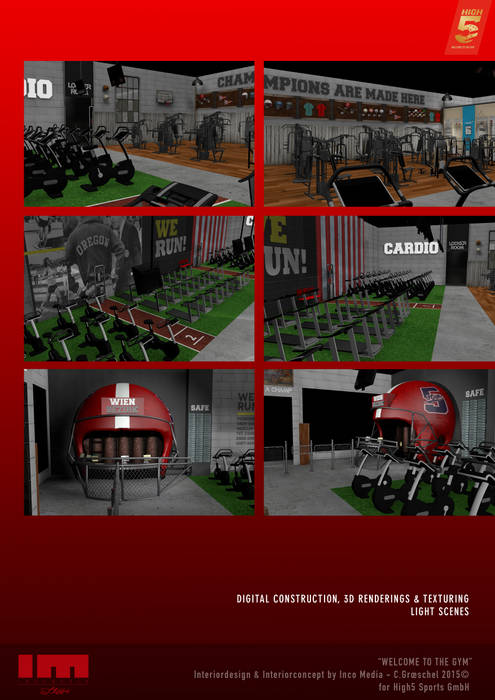 High 5 Gym, Inco Media - Kommunikationsdesign, Interiordesign Inco Media - Kommunikationsdesign, Interiordesign Rustic style gym