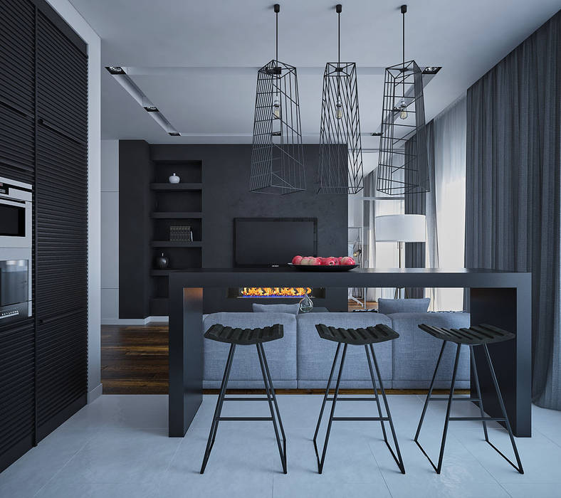 Минималистичная квартира в ЖК Солнечный, JoinForces studio JoinForces studio Кухня в стиле минимализм черная кухня,освещение кухни,барная стойка