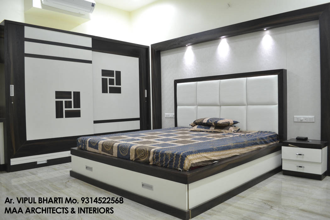 Prem Chelani ji, MAA ARCHITECTS & INTERIOR DESIGNERS MAA ARCHITECTS & INTERIOR DESIGNERS Modern style bedroom Furniture,Building,Property,Cabinetry,White,Comfort,Bed frame,House,Rectangle,Interior design