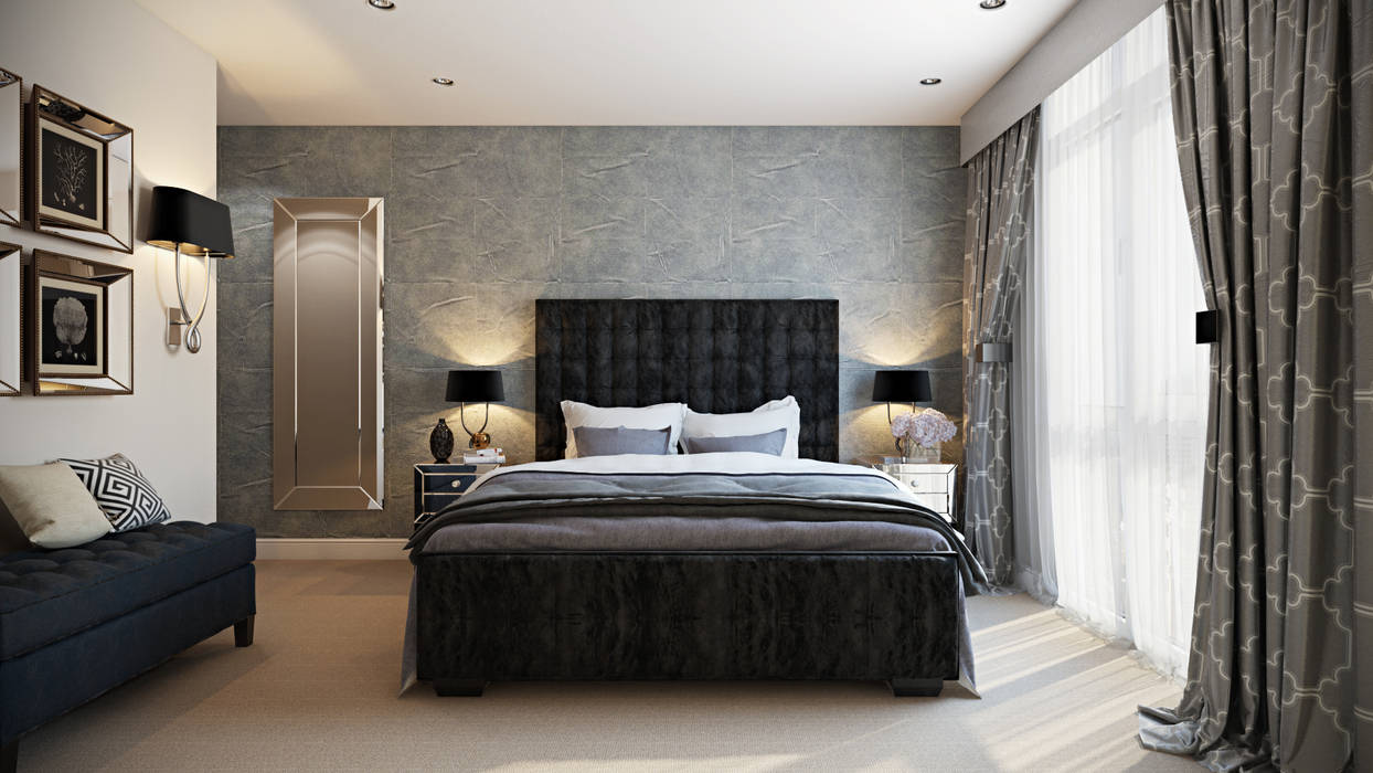 Bedroom Hampstead Design Hub モダンスタイルの寝室 bed,mirror,bedside table,headboard,curtans