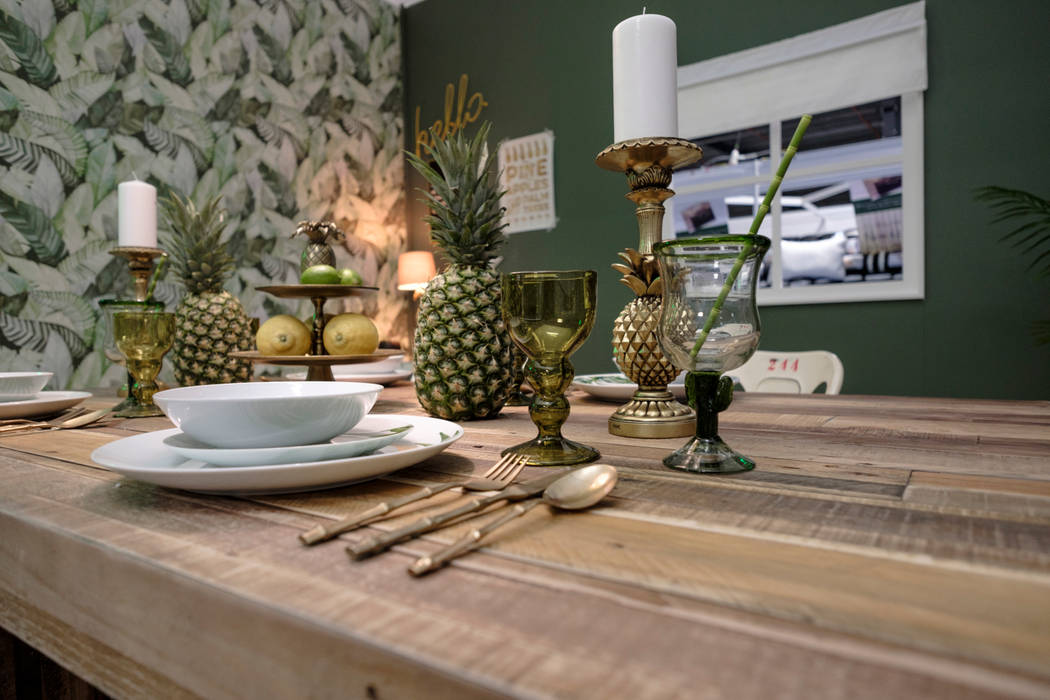 Rustic Tropical Dining Room Little Mill House Rustic style dining room table decoration,gold,cutlery,plates,cactus,pineapple,green,botanical,wallpaper,statement,dark colours,warm colours