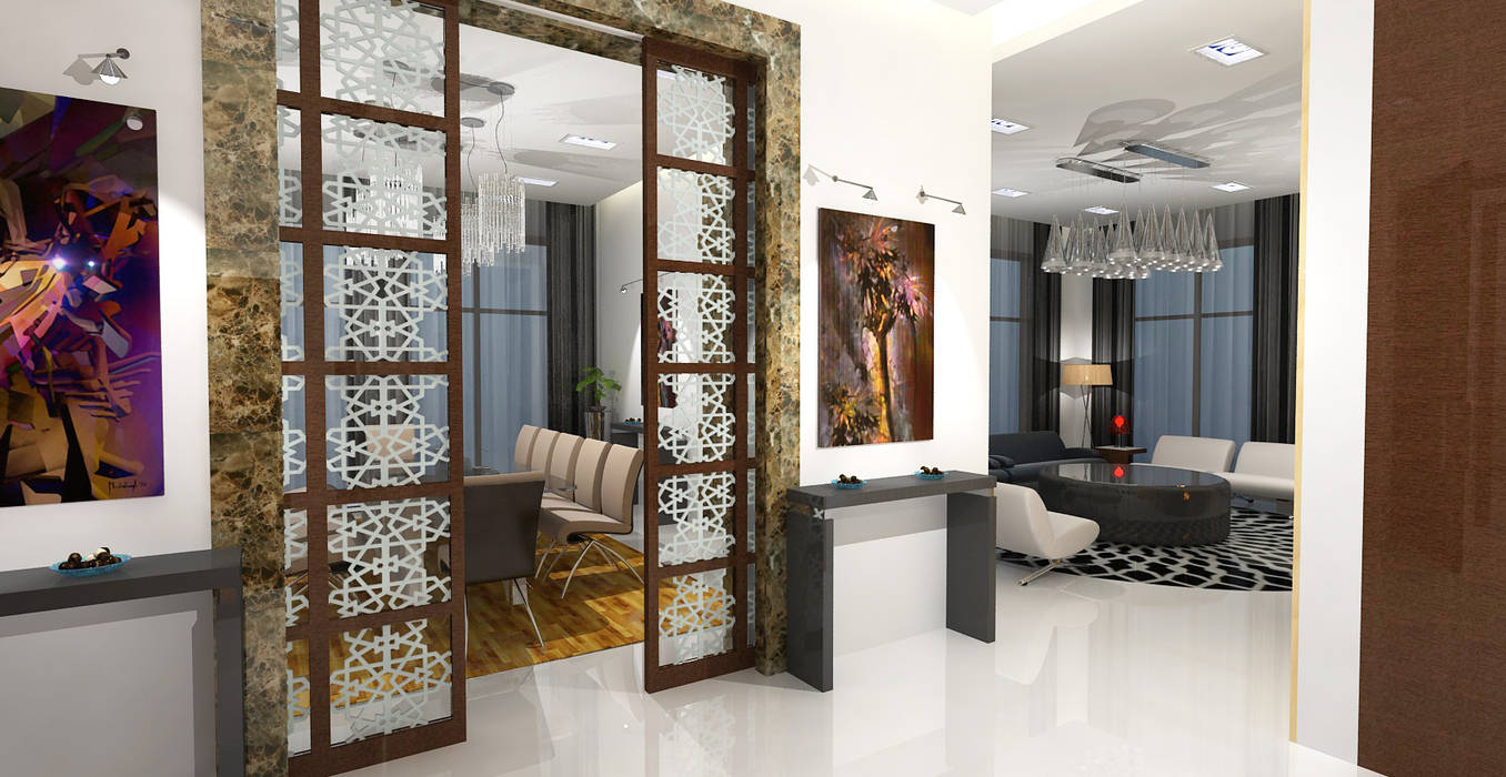 Barari Villa, Gurooji Designs Gurooji Designs Modern corridor, hallway & stairs Property,Furniture,Table,Picture frame,Lighting,Interior design,Floor,Flooring,Architecture,Hall