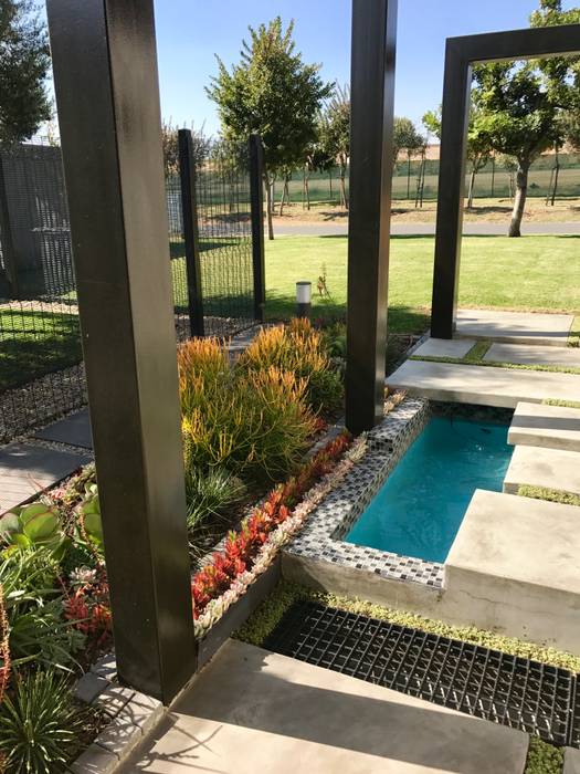 Entrance walkway with water feature Acton Gardens Modern Garden Concrete concrete flooring,succulents,walkway,landscape,pergola,entrance,water feature,mosaic,storm water,groundcover,water wise