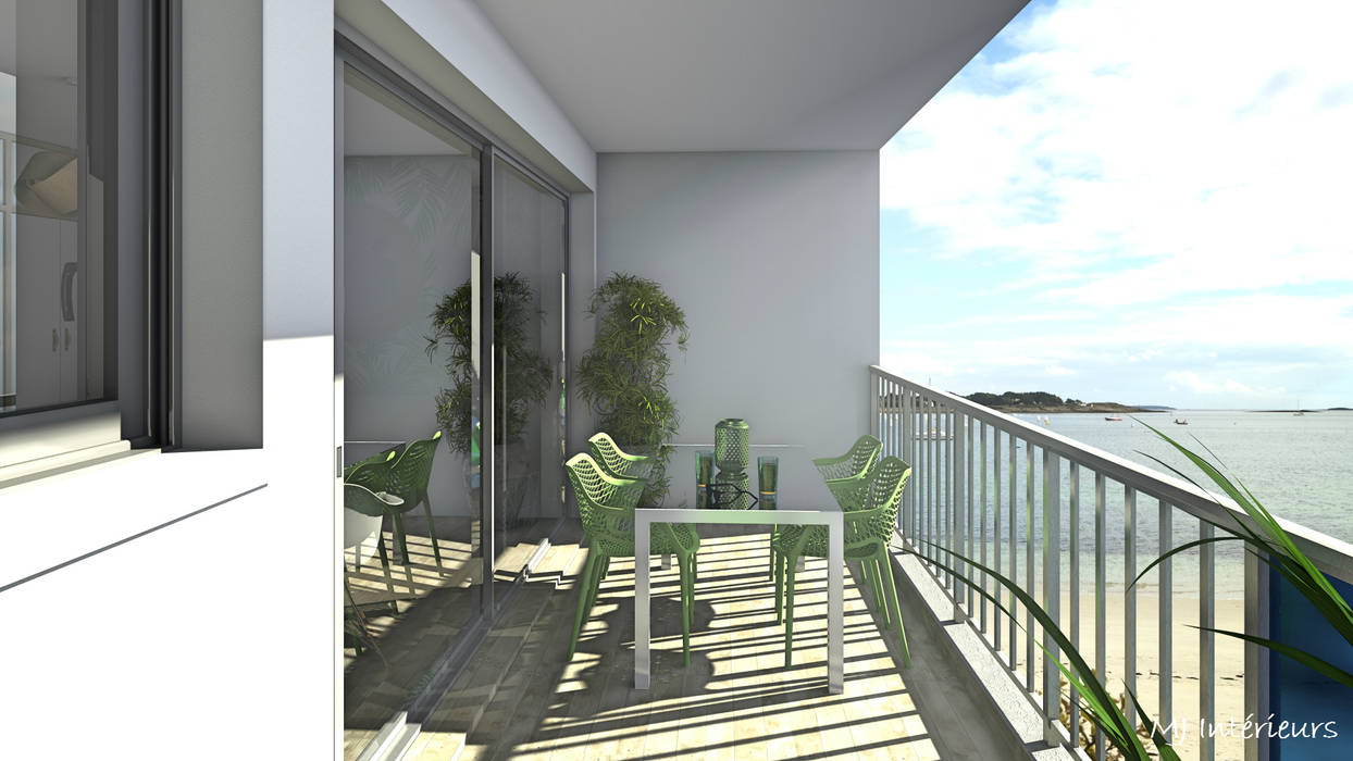 La terrasse dispose d'un espace repas MJ Intérieurs Balcon, Veranda & Terrasse minimalistes