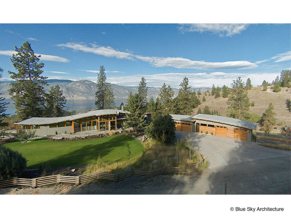 Aerial view of House and Garage Helliwell + Smith • Blue Sky Architecture Modern houses Cloud,Plant,Sky,Tree,Building,Natural landscape,Mountain,Highland,Slope,Urban design