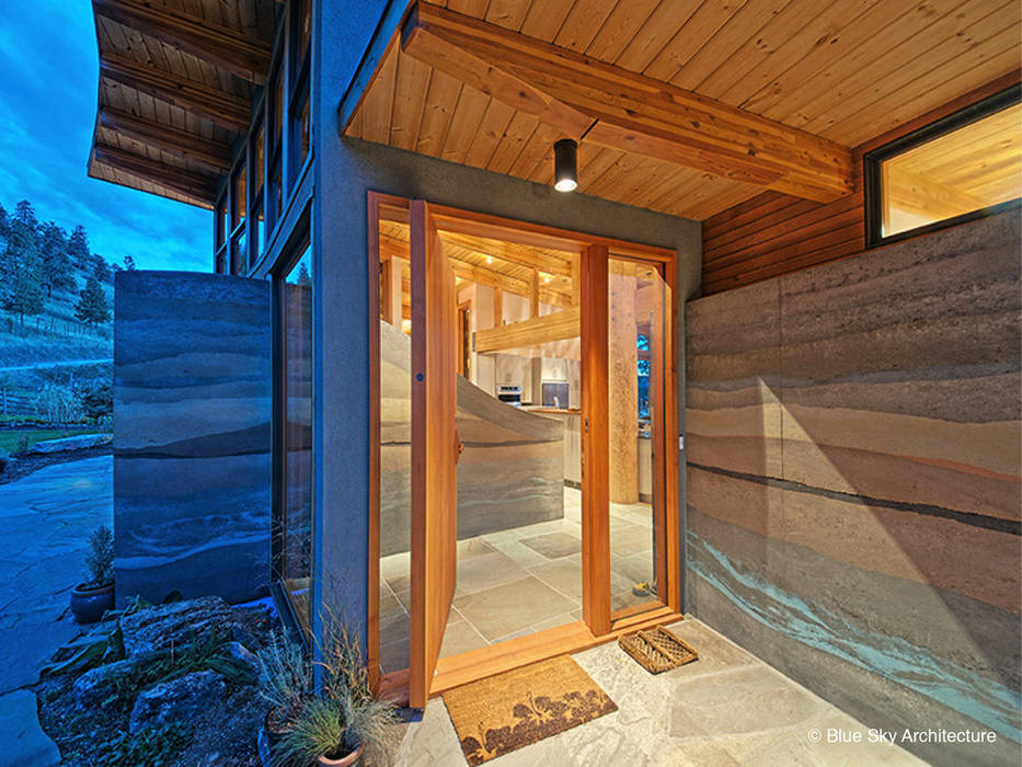 Stone and Wood Entryway Helliwell + Smith • Blue Sky Architecture Modern Windows and Doors Property,Building,Wood,Interior design,Shade,Floor,House,Beam,Wood stain,Real estate