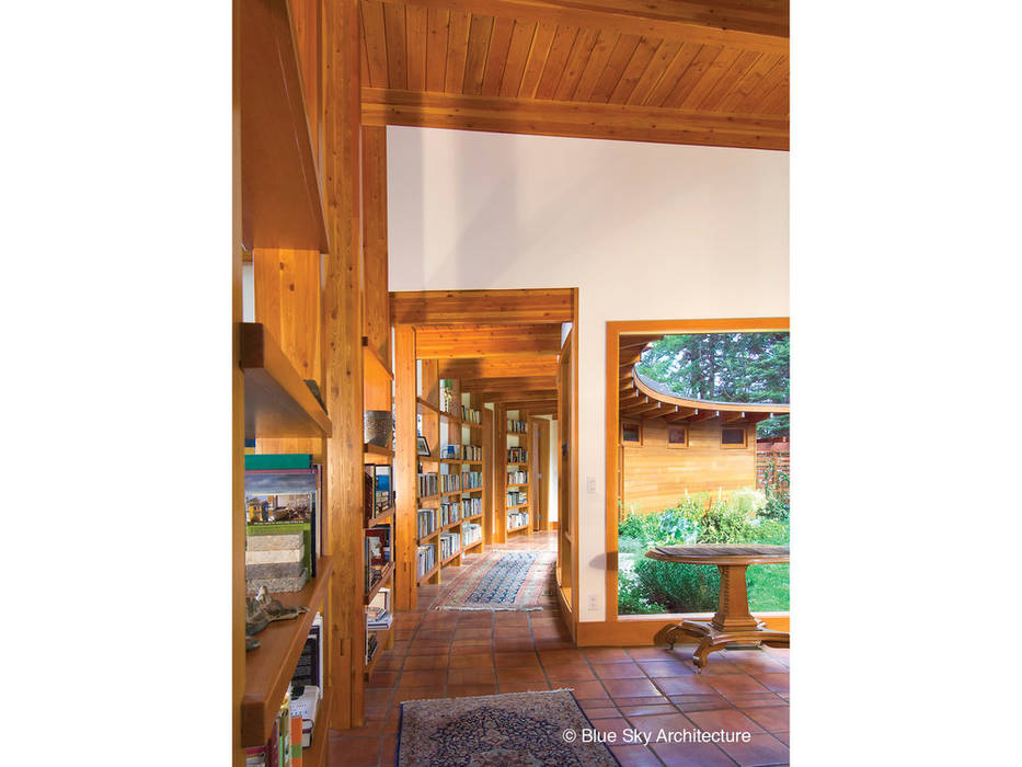 Circular Library Hallway Helliwell + Smith • Blue Sky Architecture Modern Corridor, Hallway and Staircase Building,Plant,Window,Wood,Fixture,Door,Flooring,Shade,Rectangle,Beam