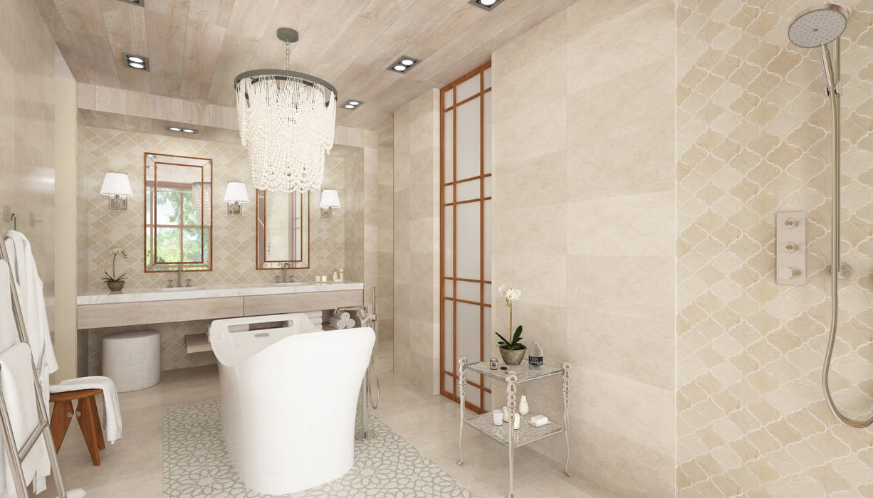 Bañera central con lámpara de diseño Hdl Studio Baños de estilo tropical Mármol