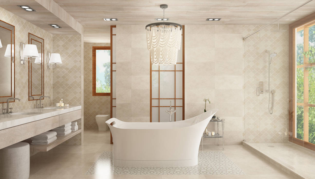 Bañera central moderna con suelos crema apomazados para evitar resbalar y paredes en mármol Hdl Studio Baños de estilo tropical Mármol