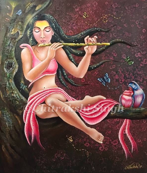 Purchase “Devotee with Flute” Oil Painting at Indian Art Ideas, Indian Art Ideas Indian Art Ideas غرف اخرى صور ولوحات