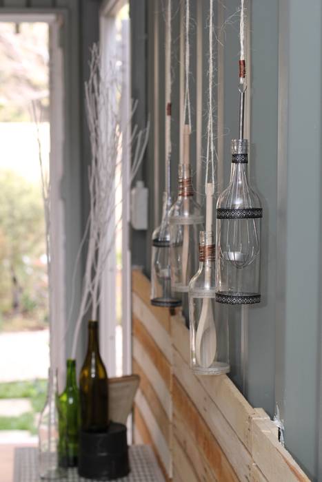 Upcycled wall decortation Acton Gardens Other spaces Glass container home,wall decoration,glass bottle,recycled furniture,Other artistic objects