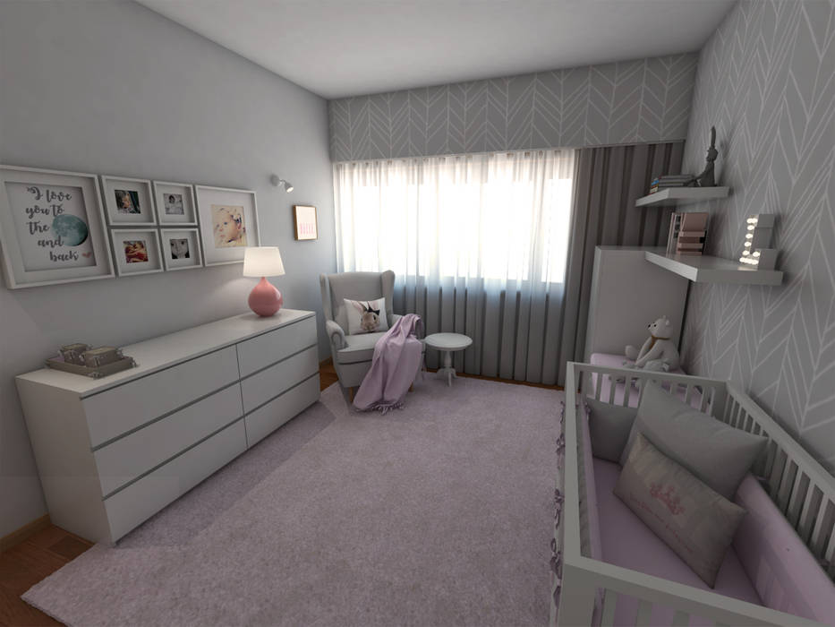 Apartamento AL30.4 - Quarto de bebé - simulação 3D The Spacealist - Arquitectura e Interiores Quartos de criança modernos decoração,quarto de bebé,bebé,nursery,apartamento,lisboa,quarto de menina,Acessórios e Decoração