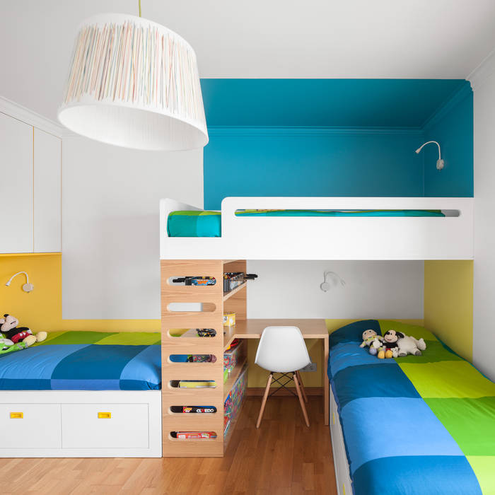 Depois - Quarto das crianças Estúdio AMATAM remodelação,mobiliário,quarto crianças,cores,beliche,interiores,amarelo,menta,verde,secretária,camas,design