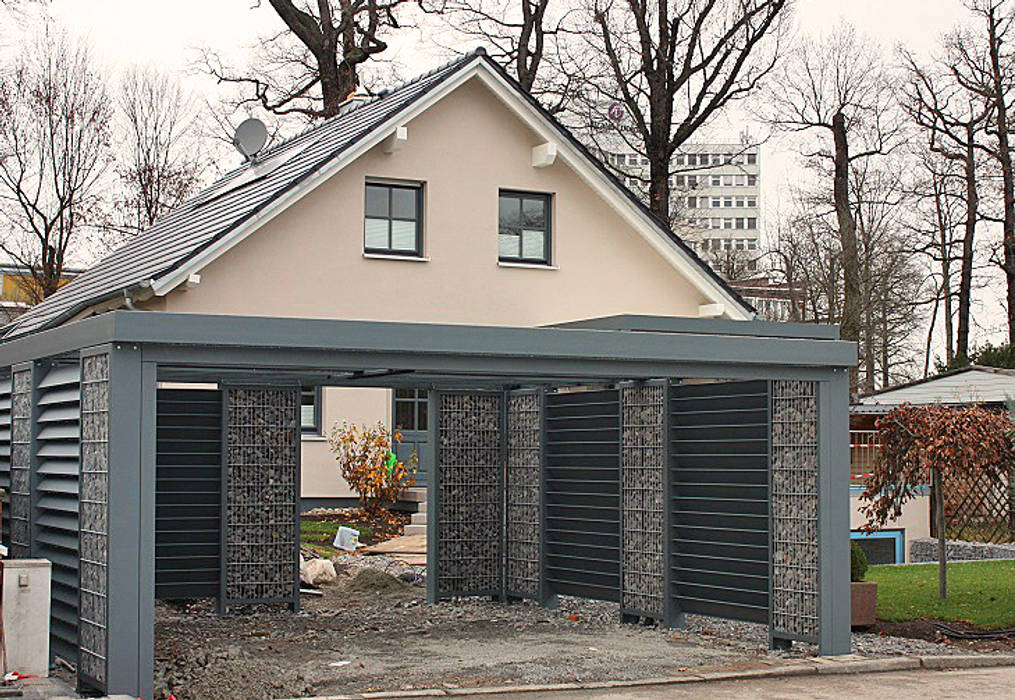 Modernes Doppelcarport aus Gabionen, Steelmanufaktur Beyer Steelmanufaktur Beyer Carport Metal