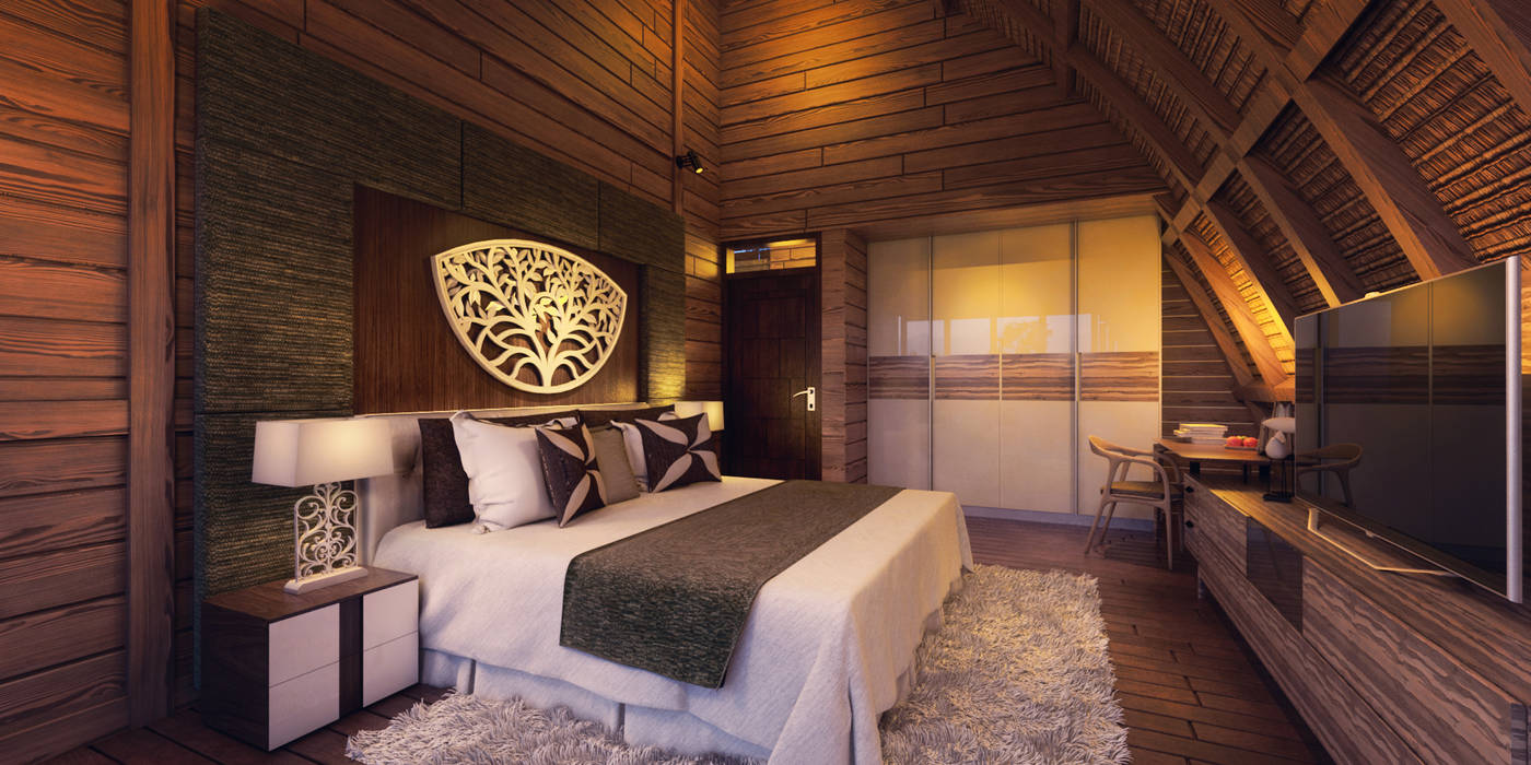Lumbung Villas, Skye Architect Skye Architect Tropical style bedroom Plywood