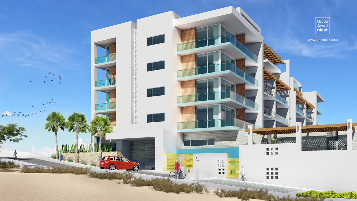Condominios residenciales Grupo Arsciniest Puertas de garajes Concreto garage,cochera,estacionamiento,frente al mar