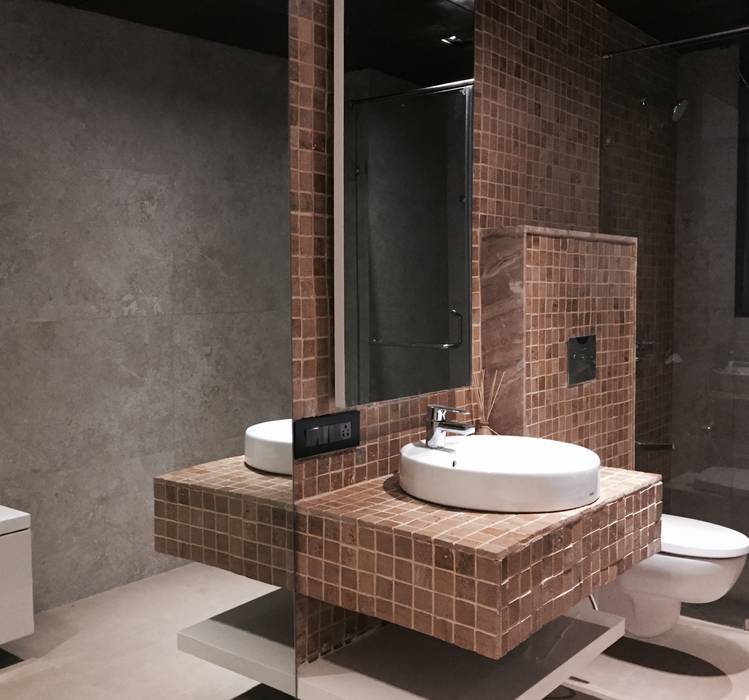 Iscon Platinum Show Apartment , Studio R designs Studio R designs Modern bathroom Property,Plumbing fixture,Mirror,Tap,Wood,Bathroom,Sink,Interior design,Rectangle,Flooring