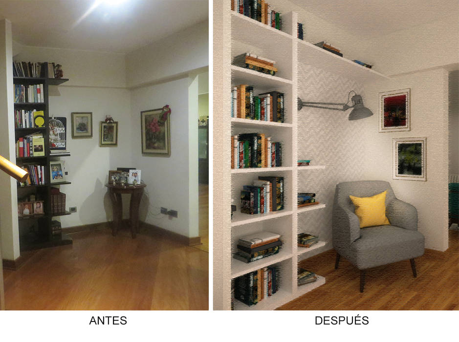 Recibidor/Zona de Lectura - Antes y Después Priscila Meza Marrero Salas de estilo ecléctico Madera Acabado en madera