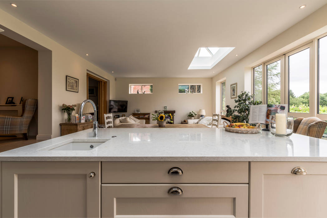 Chef's view of family room John Gauld Photography Built-in kitchens Beige Shaker style,Extension.,Boiling water tap