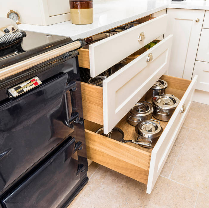 Drawer storage for pans next to Aga cooker John Gauld Photography Kitchen units Beige Aga,Drawers,Utensils,Shaker style
