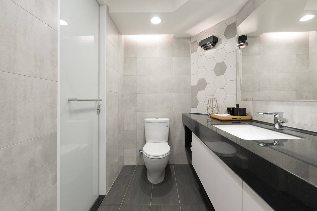主臥浴室 御見設計企業有限公司 浴室 磁磚 磁磚,簡約,人造石,浴櫃,六角磚,拼貼,收納,質感