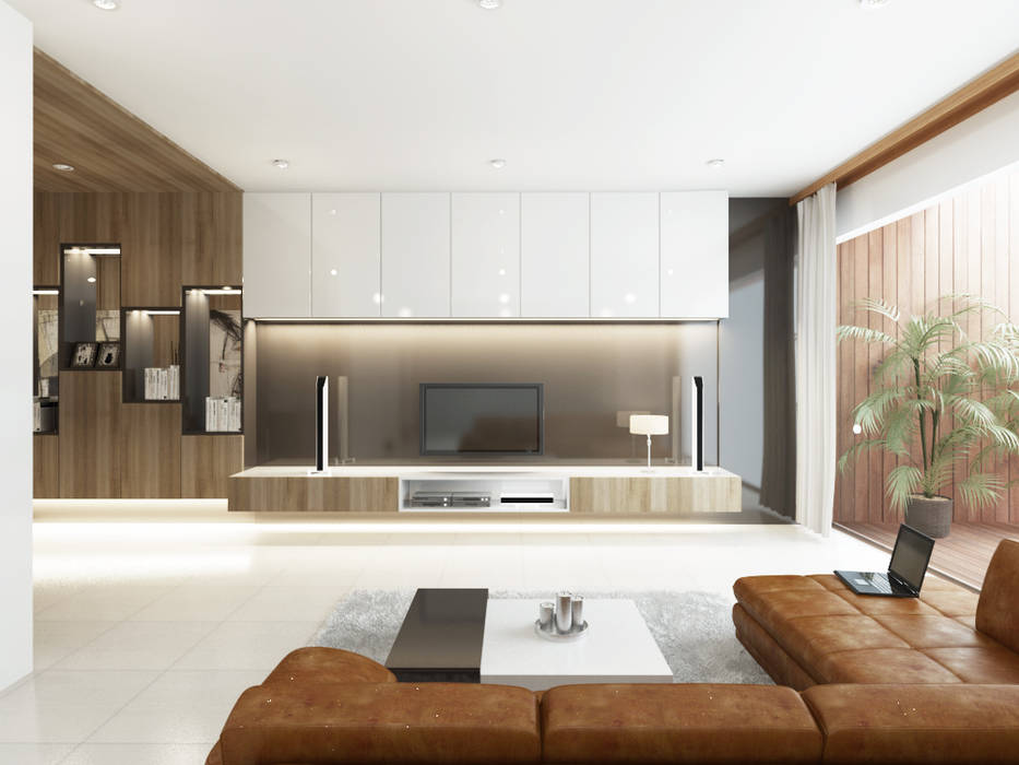 homify Ruang Keluarga Modern Kayu Buatan Transparent tvconsoledesign,moderninterior,spacious,brownglasspanel