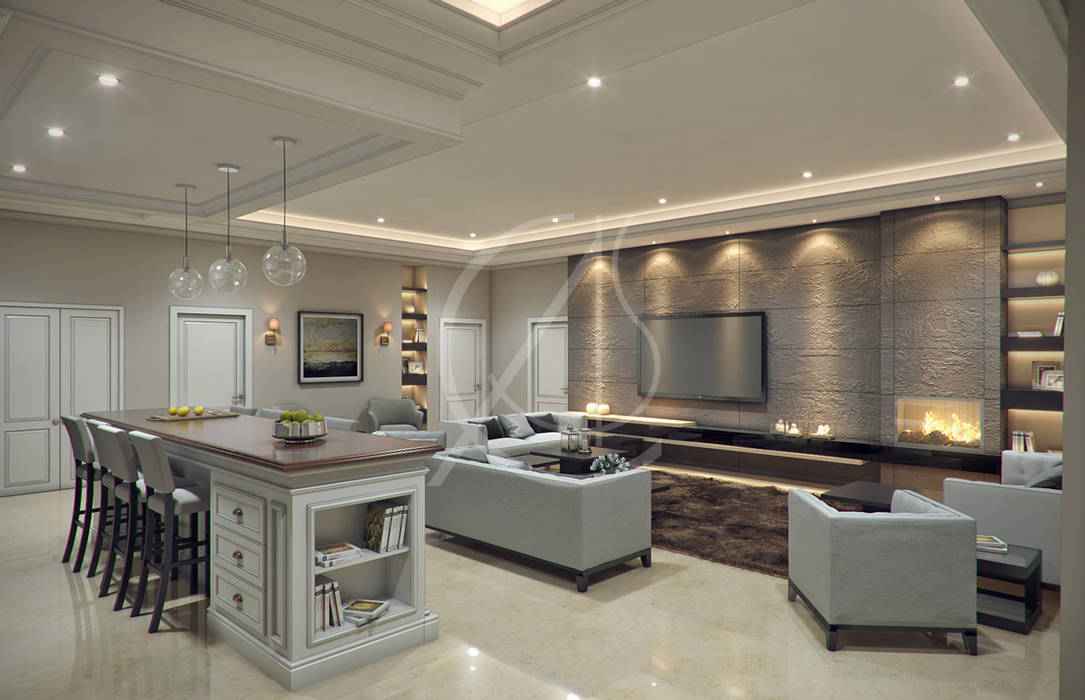 Living Area homify Modern Living Room modern classic,modern interior,majlis interior,majlis design,living room,kitchenette,counter,grey,beige,stone wall,wall unit,tv unit