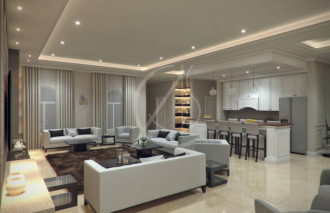 Living Area homify Modern living room modern classic,living area,living room,grey,white,kitchenette,open kitchen,counter,contemporary,beige,luxurious,luxury villa