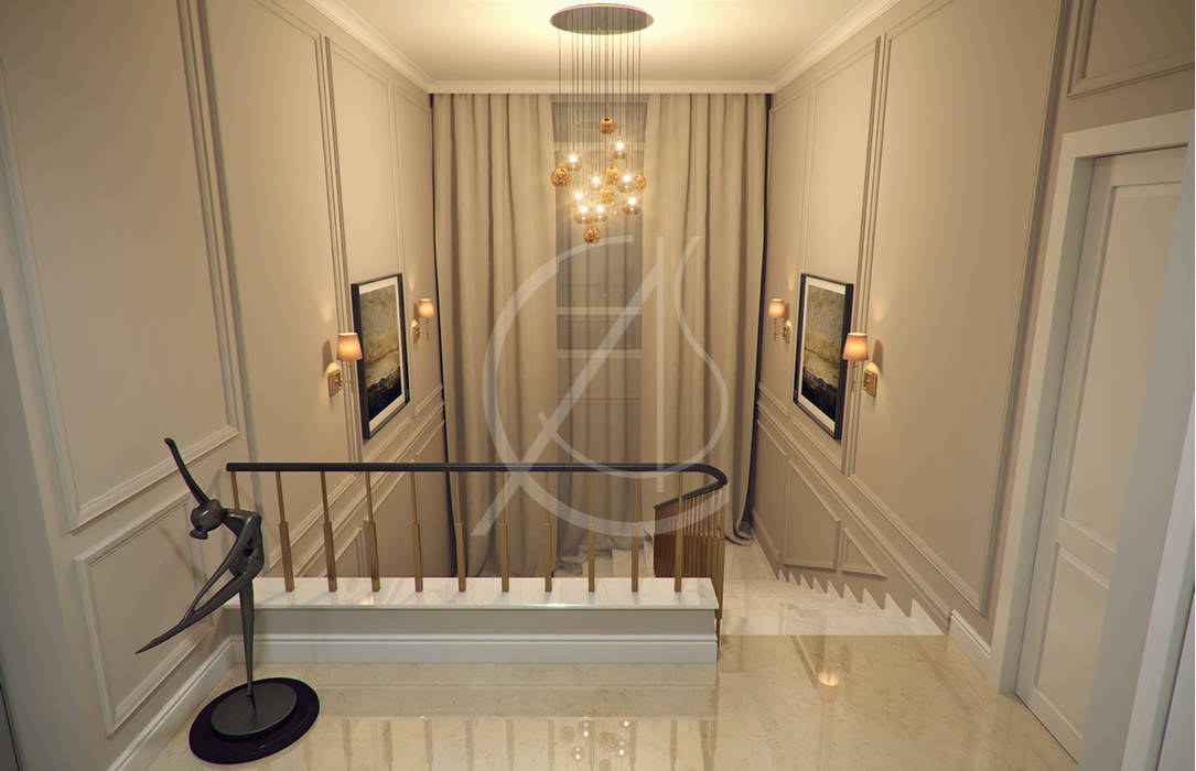 Staircase Hallway homify Modern corridor, hallway & stairs staircase hallway,beige,modern classic,marble,gold,balustrade,paneled walls,luxurious,luxury villa