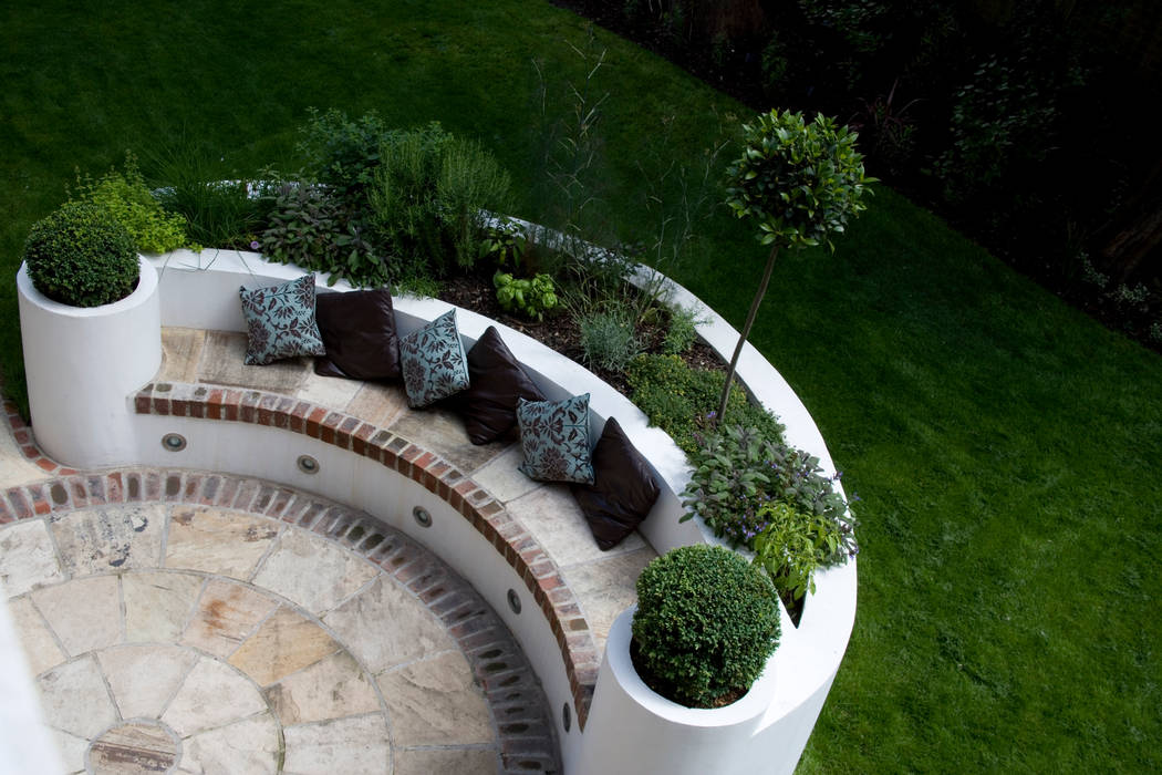 Herb Bed Earth Designs Сад herbbed,raisedbed,herbs,herbgarden,lawn,turf,curves,curvedgarden,baytree,cushions