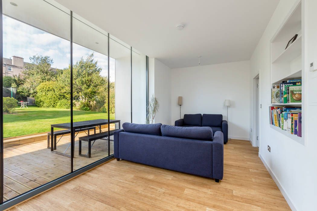 open plan extension overlooking rear garden Capital A Architecture Modern living room open plan,edinburgh