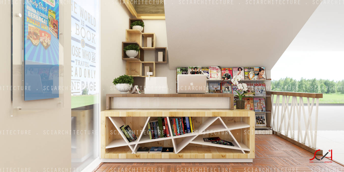Area Kasir SCIArchitecture Ruang Komersial Kayu Lapis books shop,minimalist,wood,brown,display,Kantor & toko