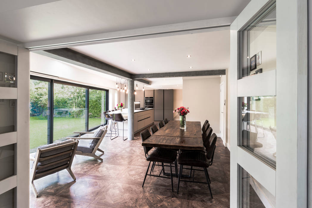 'Industrial' style extension and kitchen, proves that all things don't have to be rectangular!, John Gauld Photography John Gauld Photography Industrial style dining room