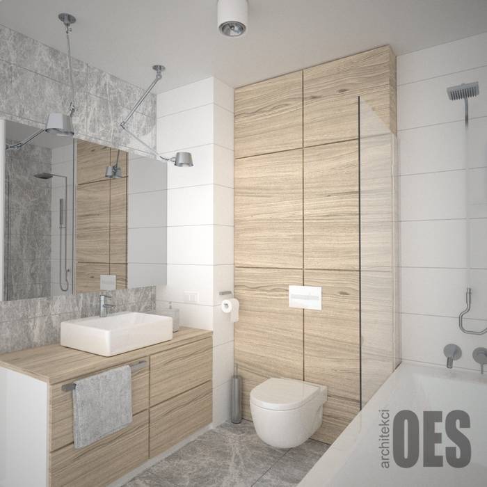Skandynawska łazienka, OES architekci OES architekci Skandynawska łazienka Granit prosta łazienka,mała łazienka,drewno na ścianie