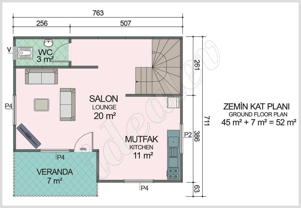Dubleks Prefabrik Ev 100 m² Zemin Kat Planı homify Prefabricated home OSB prefabrik ev zemin