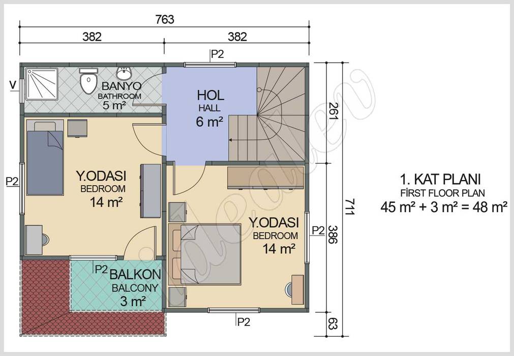 Dubleks prefabrik ev 100 m² 1. kat planı homify modern homify