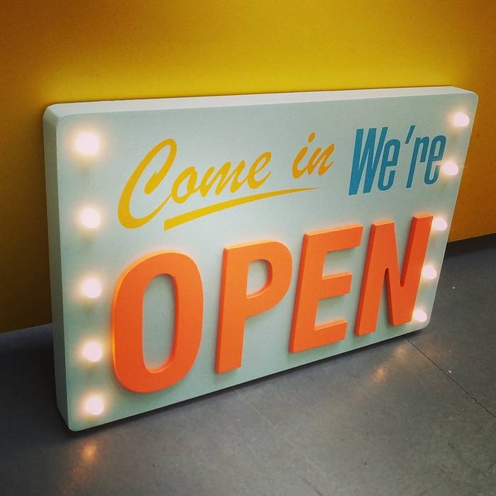 Come In We Are Open Illuminated Led Light Up Object Wooden Vintage Come In We Are Open Illuminated Led Light Up Object Wooden Vintage Wall Decoration Office