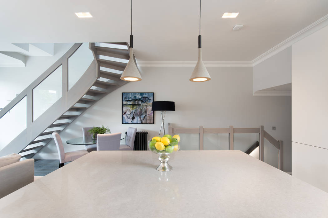 Kensal Green Flat, London Home Staging Ltd London Home Staging Ltd Modern Kitchen kitchen lighting,open space kitchen,spiral staircase,grey interior,kitchen island,cooking island