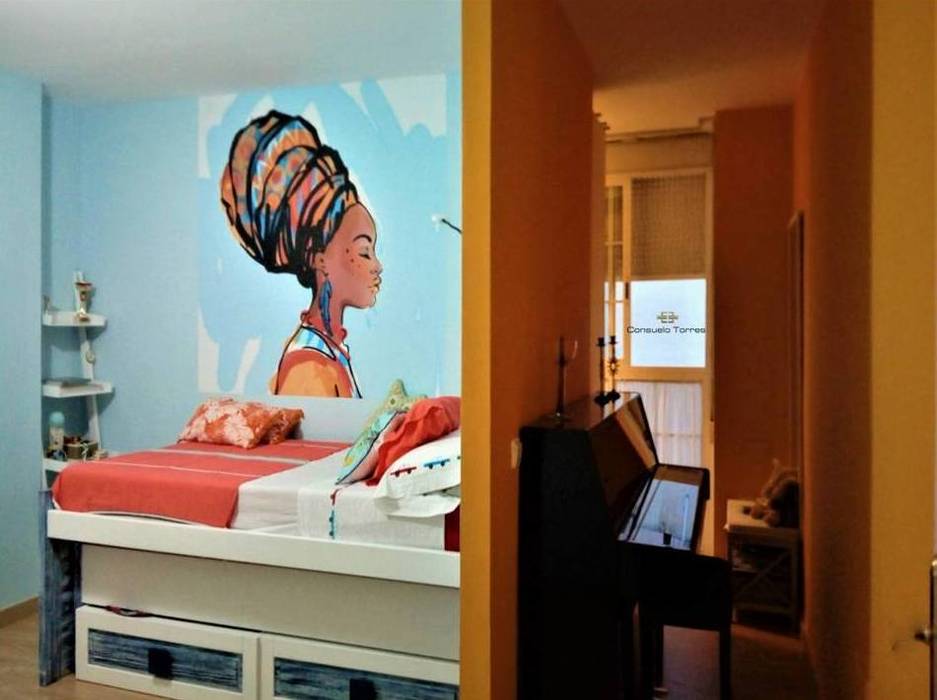 Un mural para el dormitorio CONSUELO TORRES Dormitorios de estilo tropical Derivados de madera Transparente dormitorio de niña