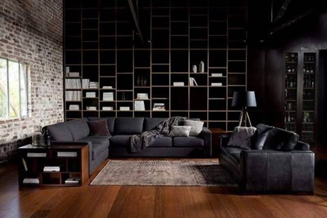 Wood on Black, Spacio Collections Spacio Collections Modern living room Textile Amber/Gold styling,modern,all black,living room,book shelf,classy,Sofas & armchairs